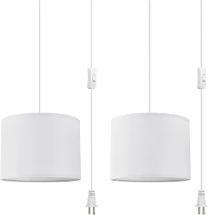 2 Pack Plug in Pendant Light, 15 FT Hanging Lamp with Plug in Cord, On/Off Switch, White Fabric Lamp Shade, Hanging Light Fixture for Bedroom, Living Room, Dining Table