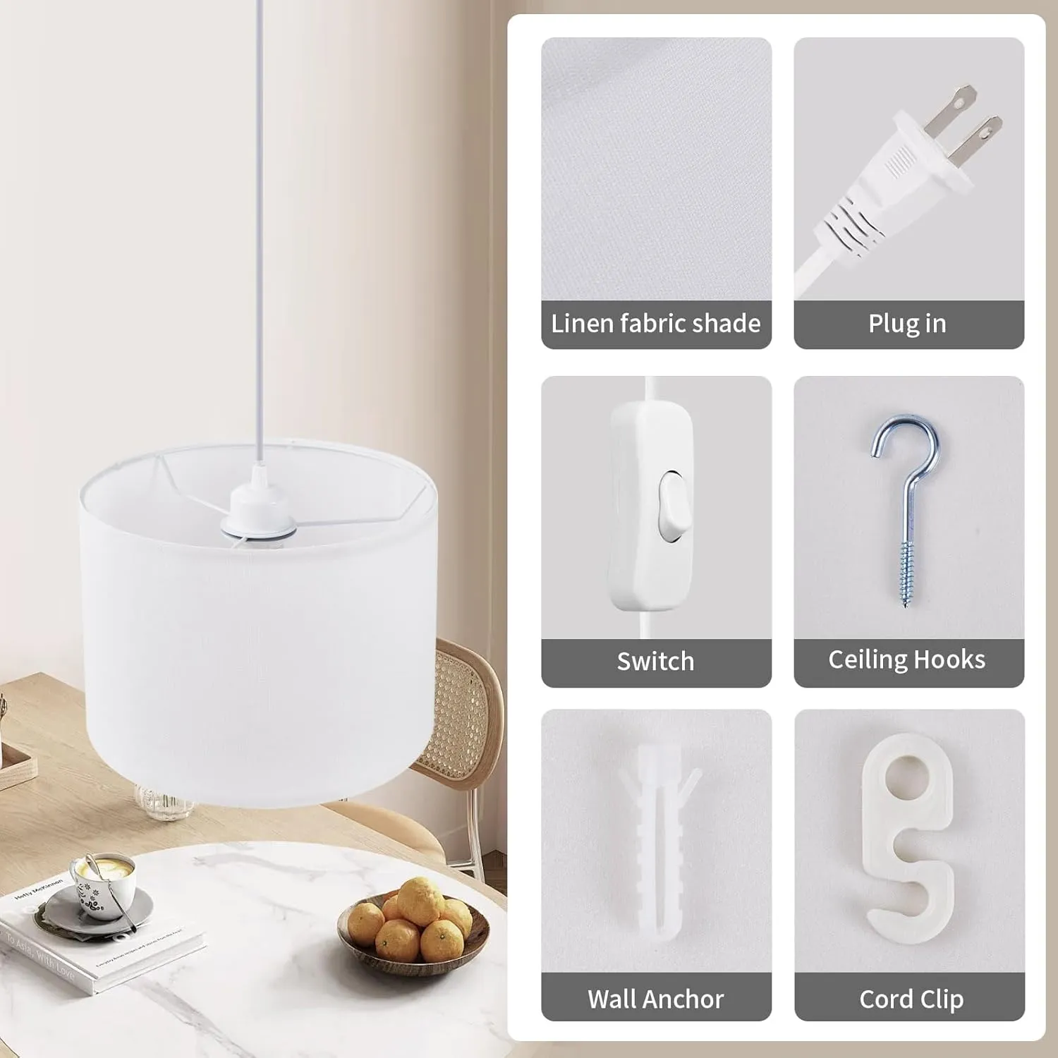 2 Pack Plug in Pendant Light, 15 FT Hanging Lamp with Plug in Cord, On/Off Switch, White Fabric Lamp Shade, Hanging Light Fixture for Bedroom, Living Room, Dining Table