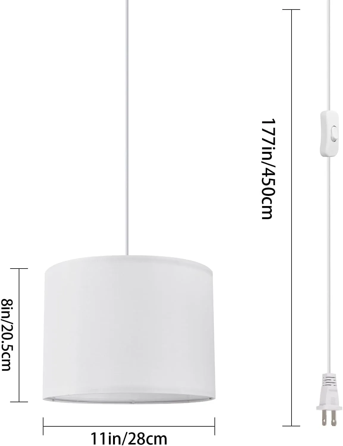 2 Pack Plug in Pendant Light, 15 FT Hanging Lamp with Plug in Cord, On/Off Switch, White Fabric Lamp Shade, Hanging Light Fixture for Bedroom, Living Room, Dining Table