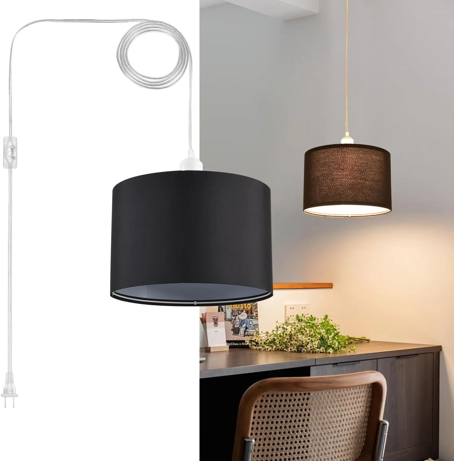 2 Pack Plug in Pendant Light, Hanging Light with 15Ft Clear Cord, On/Off Switch, Black Fabric Lamp Shade, Hanging Light Fixture for Bedroom, Kitchen, Living Room, Dining Table