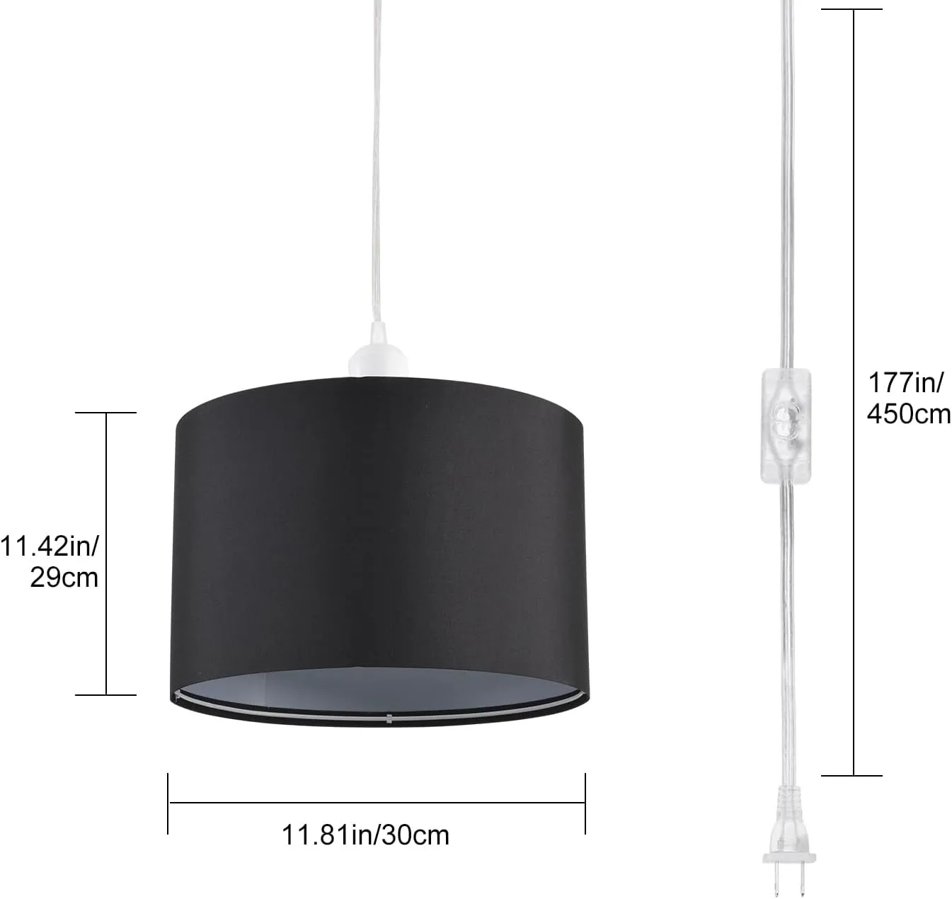 2 Pack Plug in Pendant Light, Hanging Light with 15Ft Clear Cord, On/Off Switch, Black Fabric Lamp Shade, Hanging Light Fixture for Bedroom, Kitchen, Living Room, Dining Table