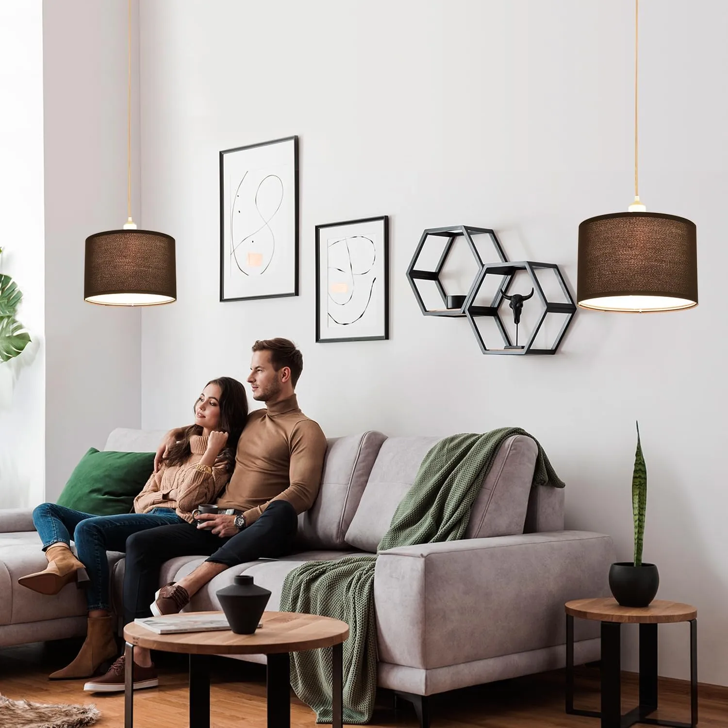 2 Pack Plug in Pendant Light, Hanging Light with 15Ft Clear Cord, On/Off Switch, Black Fabric Lamp Shade, Hanging Light Fixture for Bedroom, Kitchen, Living Room, Dining Table