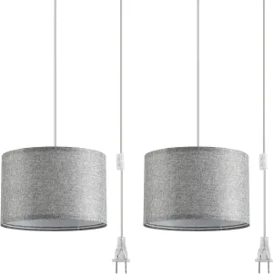 2 Pack Plug in Pendant Light, Hanging Light with 15Ft Clear Cord, On/Off Switch, Grey Fabric Lamp Shade, Hanging Light Fixture for Bedroom, Kitchen, Living Room, Dining Table