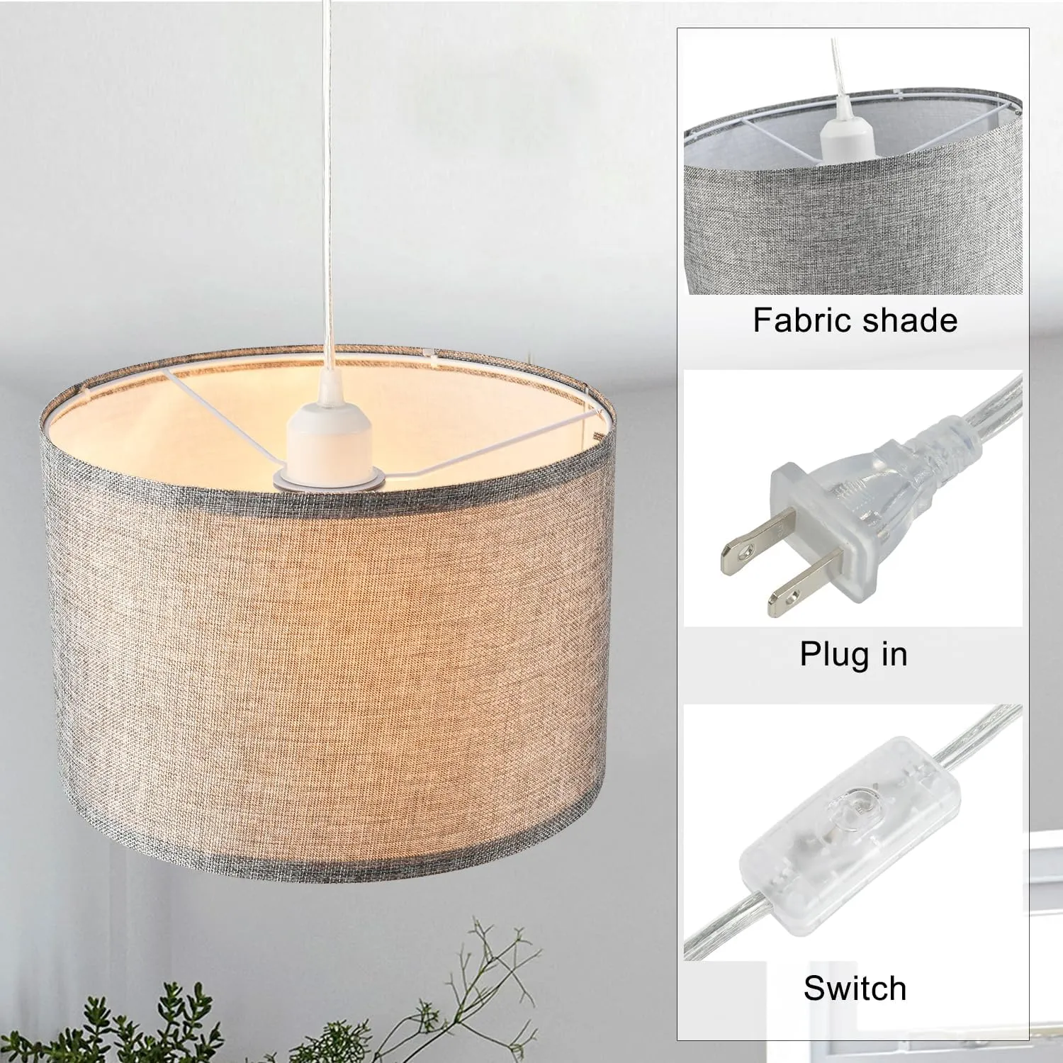 2 Pack Plug in Pendant Light, Hanging Light with 15Ft Clear Cord, On/Off Switch, Grey Fabric Lamp Shade, Hanging Light Fixture for Bedroom, Kitchen, Living Room, Dining Table
