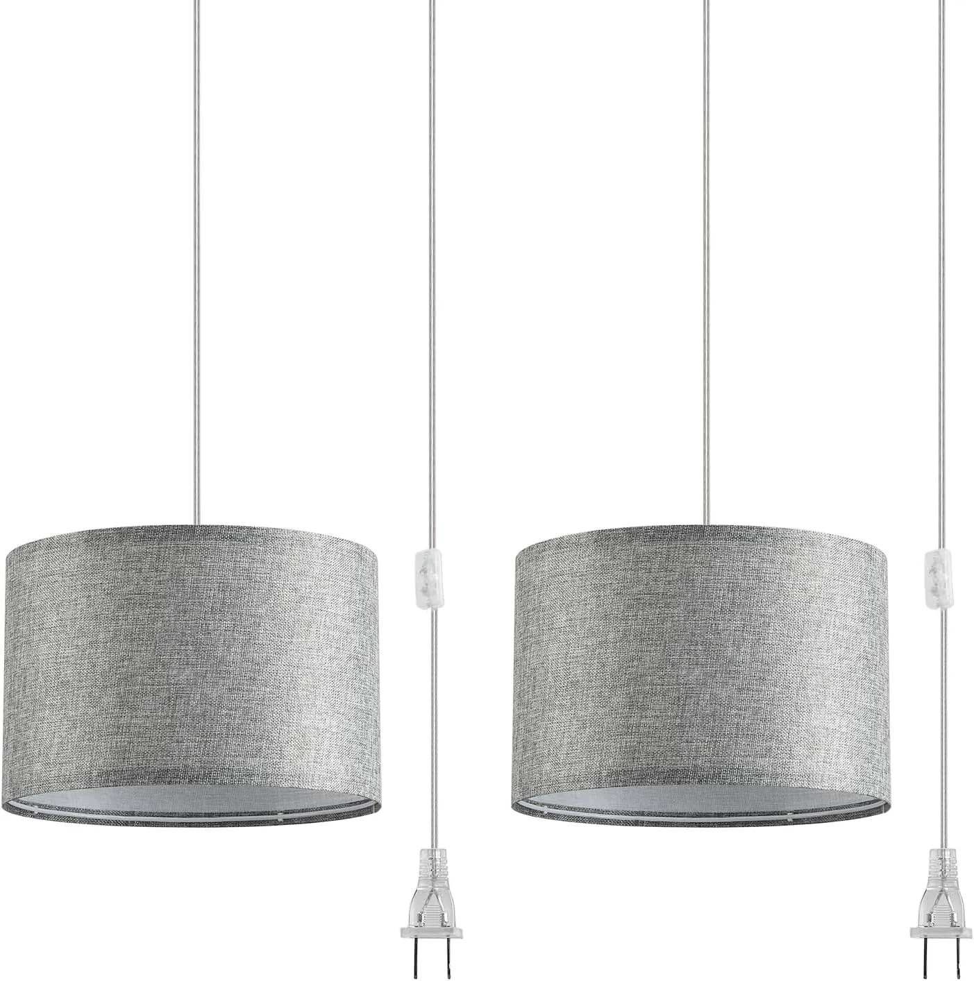 2 Pack Plug in Pendant Light, Hanging Light with 15Ft Clear Cord, On/Off Switch, Grey Fabric Lamp Shade, Hanging Light Fixture for Bedroom, Kitchen, Living Room, Dining Table
