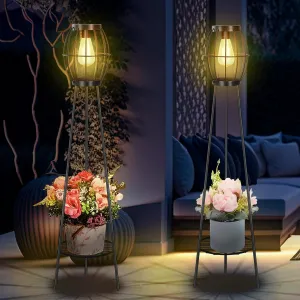 2 Pack Solar Lights Outdoor with Plant Stands, Solar Floor Lamp, Solar Powered Street Light Metal Tripod Deck Lights, Patio Decor for Garden Yard Pathway Driveway Porch