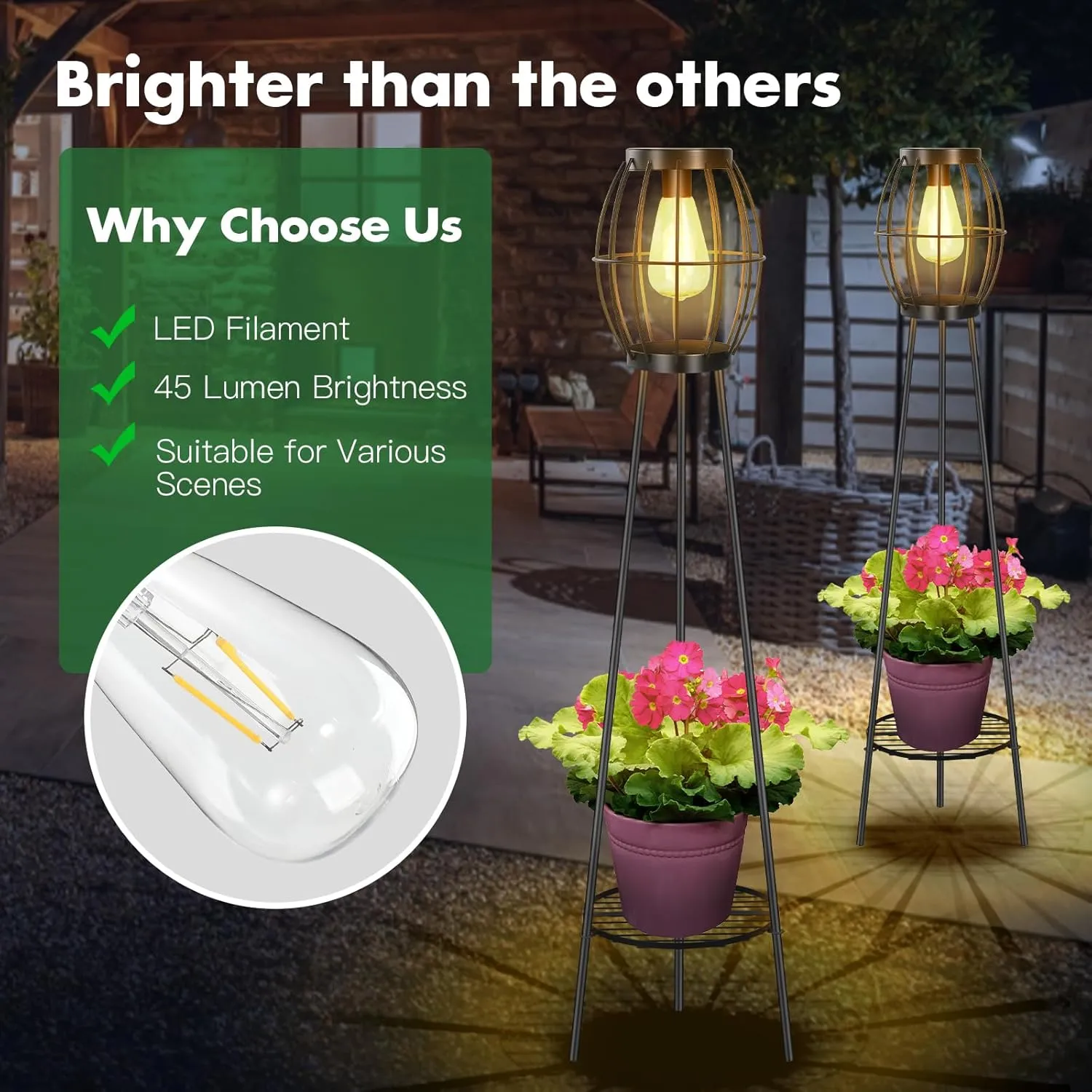2 Pack Solar Lights Outdoor with Plant Stands, Solar Floor Lamp, Solar Powered Street Light Metal Tripod Deck Lights, Patio Decor for Garden Yard Pathway Driveway Porch