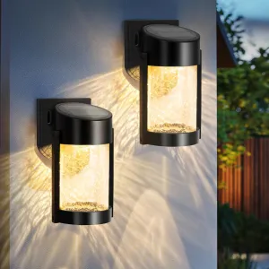 2 Pack Solar Wall Lights Outdoor, IP65 Waterproof Wall Light for Porch, Fence, Shed, Barn, Patio, Glass Crackle Lampshade with Warm LED Light