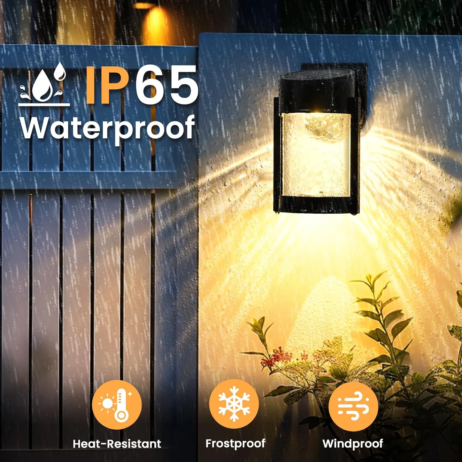 2 Pack Solar Wall Lights Outdoor, IP65 Waterproof Wall Light for Porch, Fence, Shed, Barn, Patio, Glass Crackle Lampshade with Warm LED Light