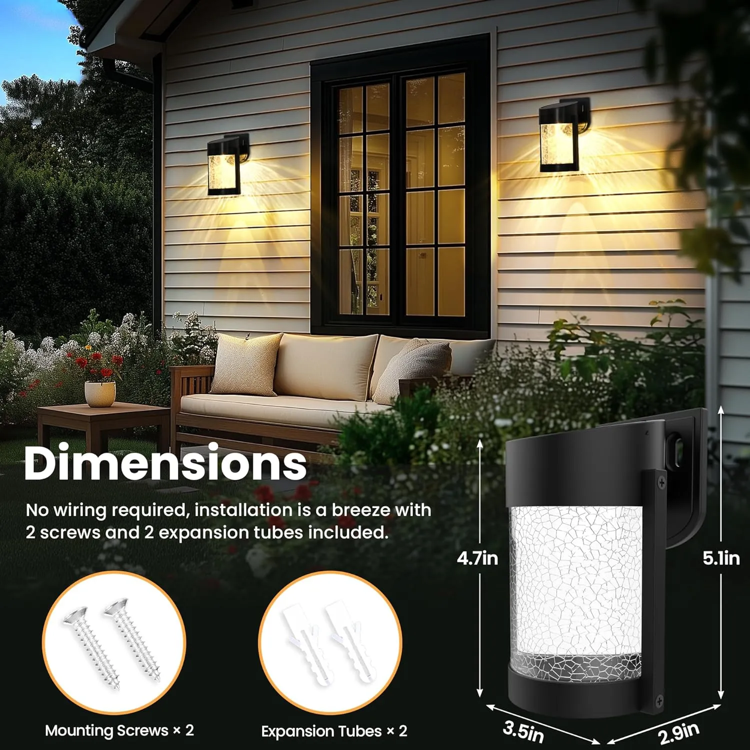 2 Pack Solar Wall Lights Outdoor, IP65 Waterproof Wall Light for Porch, Fence, Shed, Barn, Patio, Glass Crackle Lampshade with Warm LED Light