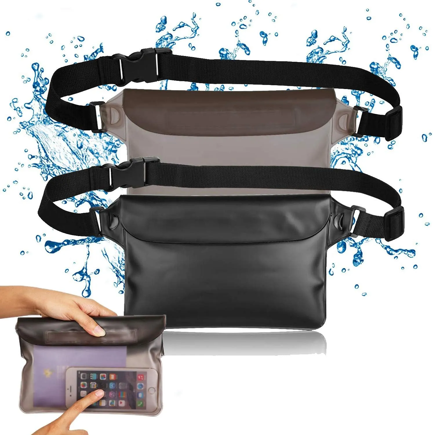 2 Pack Waterproof Waist Pack with Adjustable Waist Strap, Waterproof Bag Fanny Pack, Keep Your Phone Valuables Wallet Safe and Dry, for Boating Swimming Beach Pool Water Park Game (grey black)