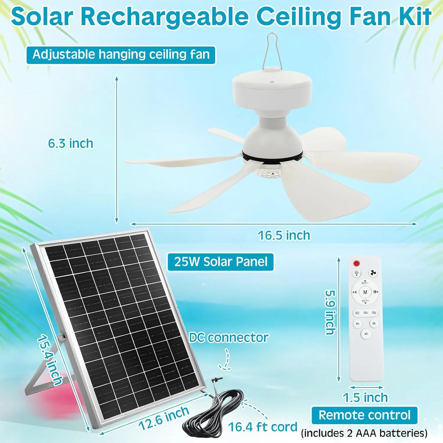 2 Set Solar Ceiling Fan Kit 25w Solar Powered Rechargeable Ceiling Fan with 3 Color Light and Remote Control, Built in 5000mah Battery, for Outdoor Chicken Coop Camping Tent