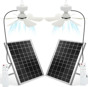 2 Set Solar Ceiling Fan Kit 25w Solar Powered Rechargeable Ceiling Fan with 3 Color Light and Remote Control, Built in 5000mah Battery, for Outdoor Chicken Coop Camping Tent