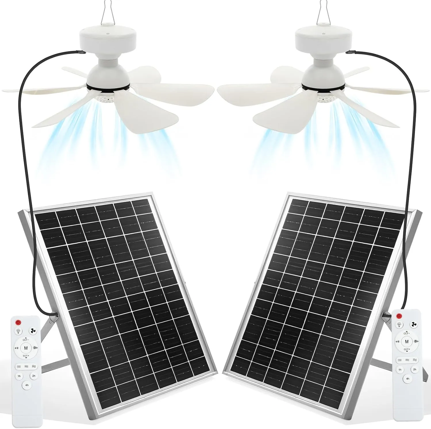 2 Set Solar Ceiling Fan Kit 25w Solar Powered Rechargeable Ceiling Fan with 3 Color Light and Remote Control, Built in 5000mah Battery, for Outdoor Chicken Coop Camping Tent