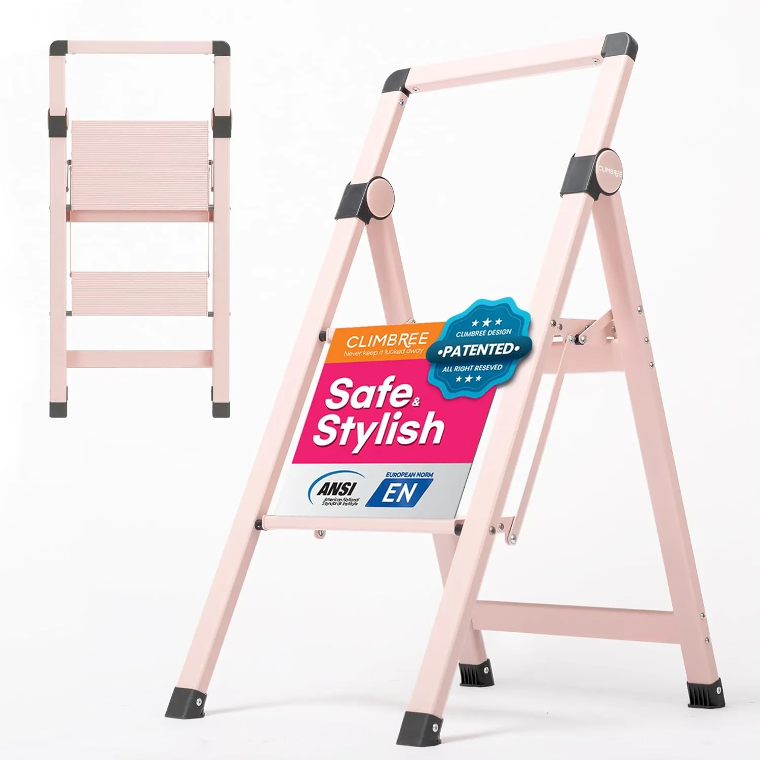 2 Step Ladder in Whisper Pink; Collapsible Step Stool with Handle - Foldable, Lightweight and Portable; 225lbs Heavy Duty Aluminum Step Stool Ladder for Home   Office; Folding Kitchen Step Stool