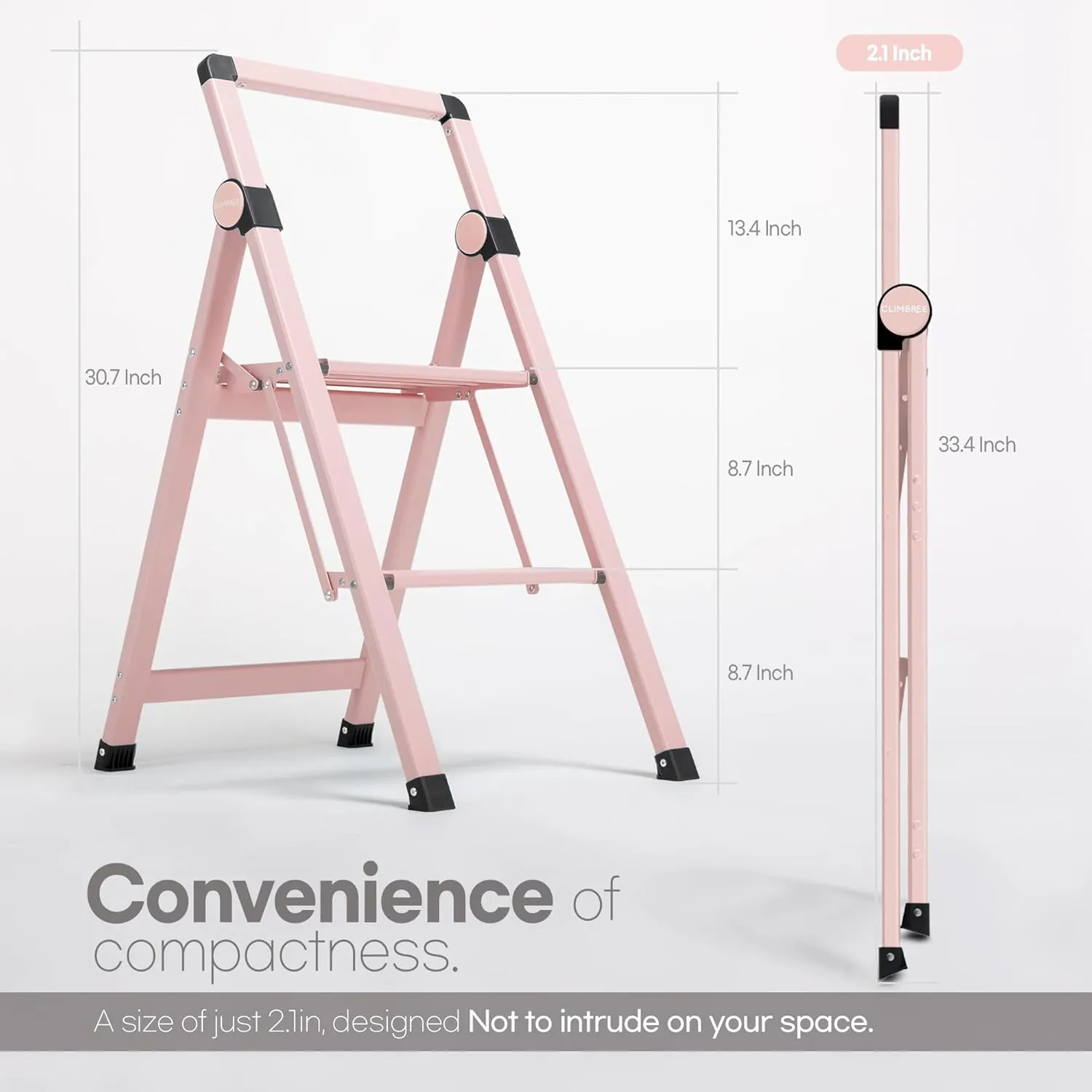 2 Step Ladder in Whisper Pink; Collapsible Step Stool with Handle - Foldable, Lightweight and Portable; 225lbs Heavy Duty Aluminum Step Stool Ladder for Home   Office; Folding Kitchen Step Stool