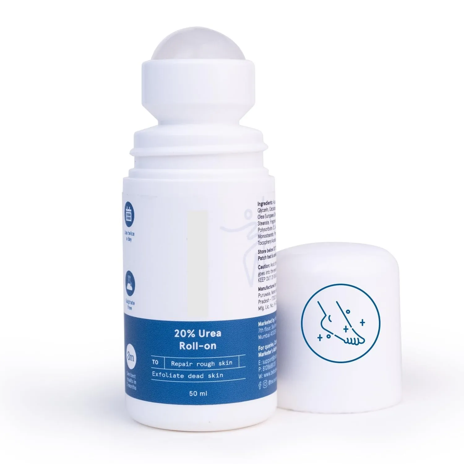 20% Urea Foot Cream Roll On 50ml | For Dry & Cracked Heels | With 2% Lactic Acid, Olive Oil & Vitamin E | Helps Repair and Moisturise Cracked Heels