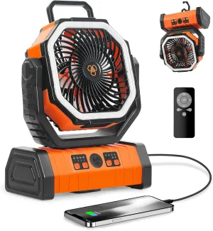 20000mAh Camping Fan - Rechargeable Battery Powered Portable Fan with LED Lantern, Remote Control, Oscillating, 360° Rotation Hanging Hook for Outdoor Travel, Camp, Tent