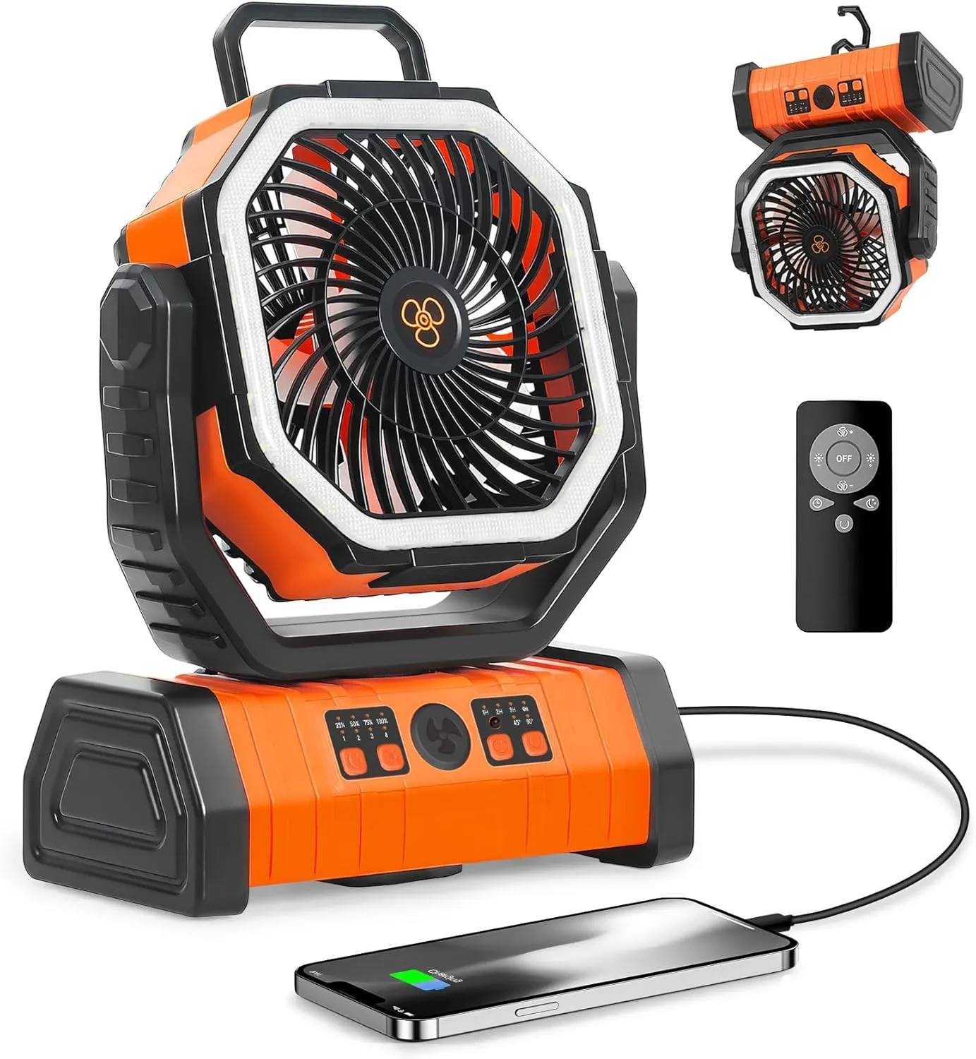20000mAh Camping Fan - Rechargeable Battery Powered Portable Fan with LED Lantern, Remote Control, Oscillating, 360° Rotation Hanging Hook for Outdoor Travel, Camp, Tent