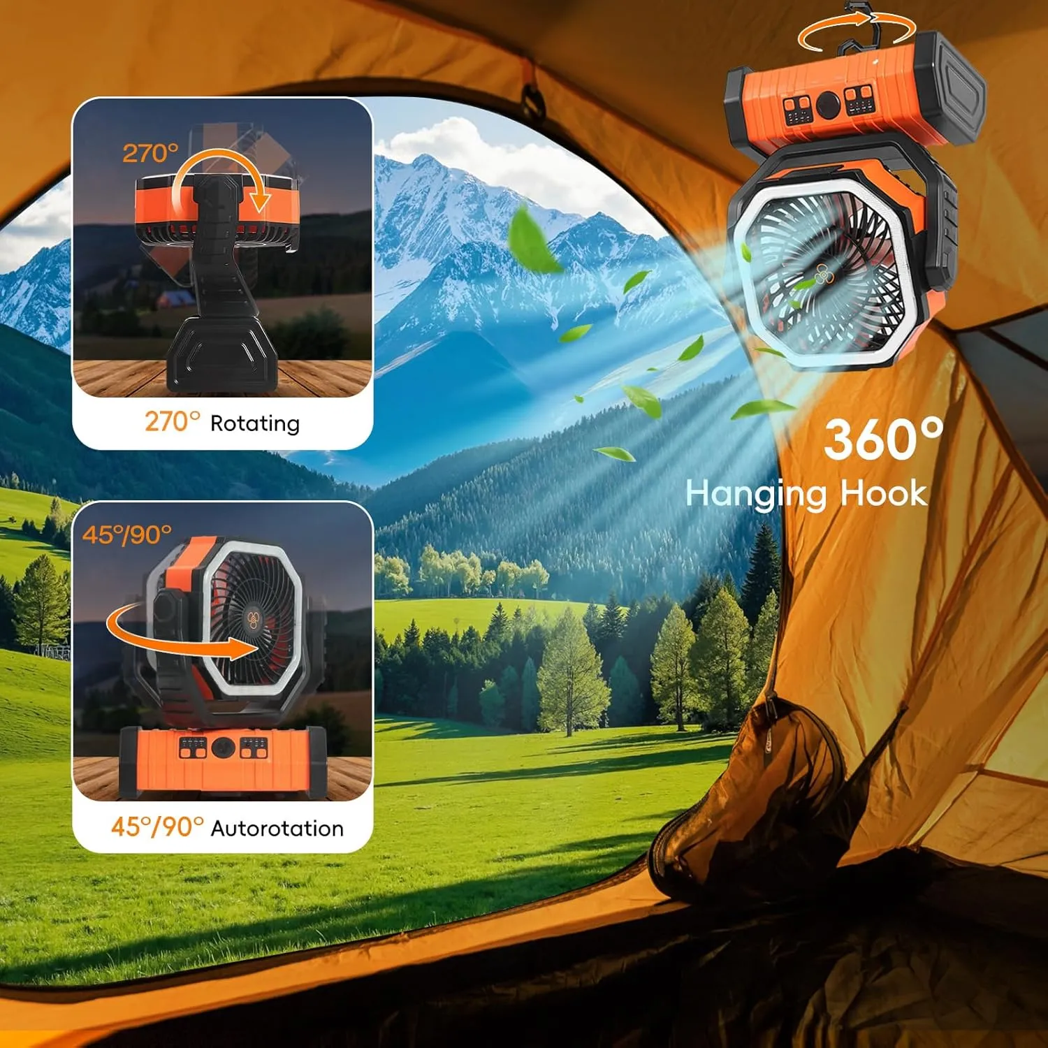 20000mAh Camping Fan - Rechargeable Battery Powered Portable Fan with LED Lantern, Remote Control, Oscillating, 360° Rotation Hanging Hook for Outdoor Travel, Camp, Tent