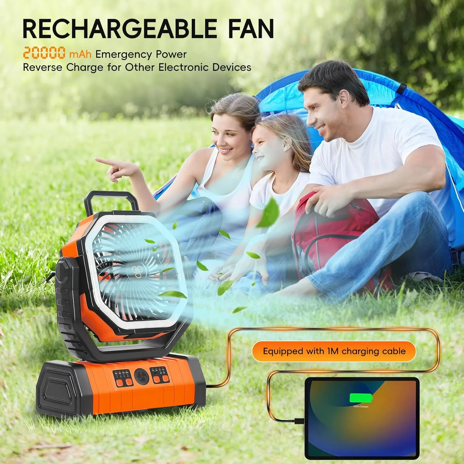 20000mAh Camping Fan - Rechargeable Battery Powered Portable Fan with LED Lantern, Remote Control, Oscillating, 360° Rotation Hanging Hook for Outdoor Travel, Camp, Tent