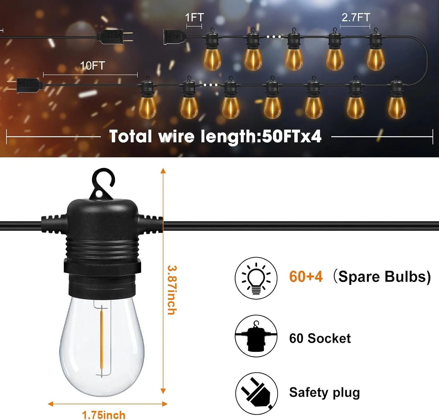200FT(50FT*4) LED Outdoor String Lights Waterproof Patio Lights with 64 Shatterproof S14 Edison Bulbs(4 Spare), Dimmable Hanging Outdoor Light Connectable for Yard, Porch, 2700K Warm White