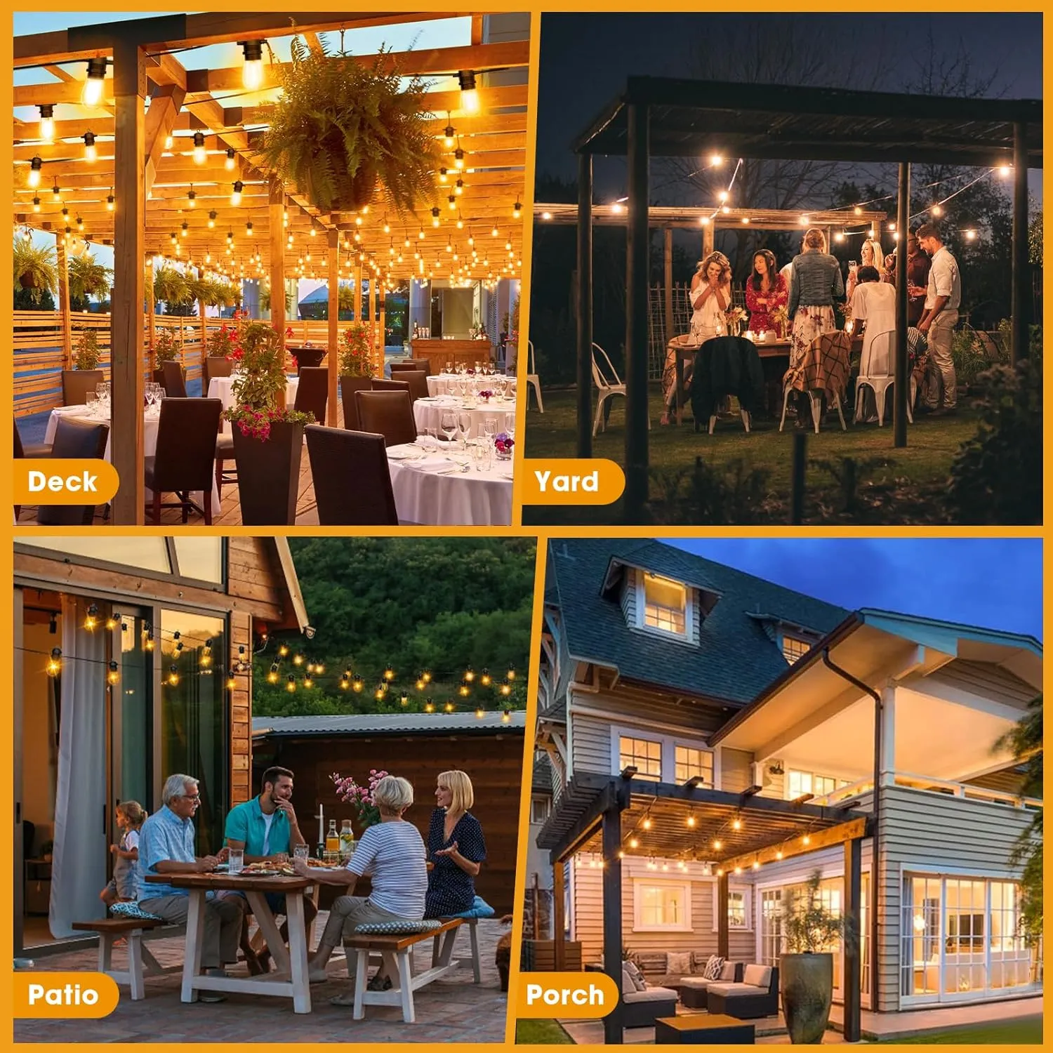 200FT(50FT*4) LED Outdoor String Lights Waterproof Patio Lights with 64 Shatterproof S14 Edison Bulbs(4 Spare), Dimmable Hanging Outdoor Light Connectable for Yard, Porch, 2700K Warm White