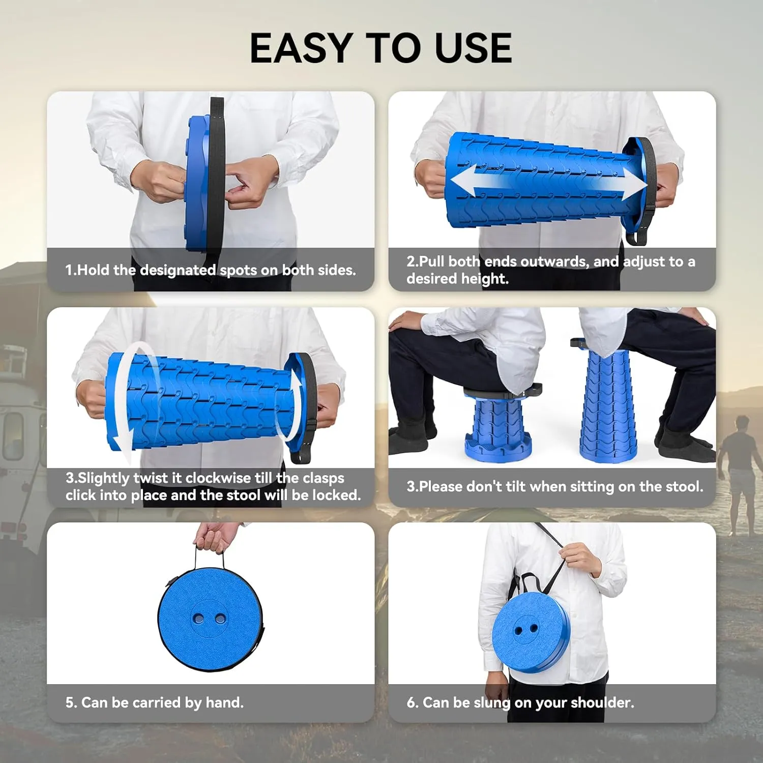 2025 Upgraded Collapsible Stool, Portable Folding Stool, Telescoping Camping Stool, Round Retractable Seat with Anti-Slip Bottom for Camping Gardening Fishing Hiking BBQ [Blue]