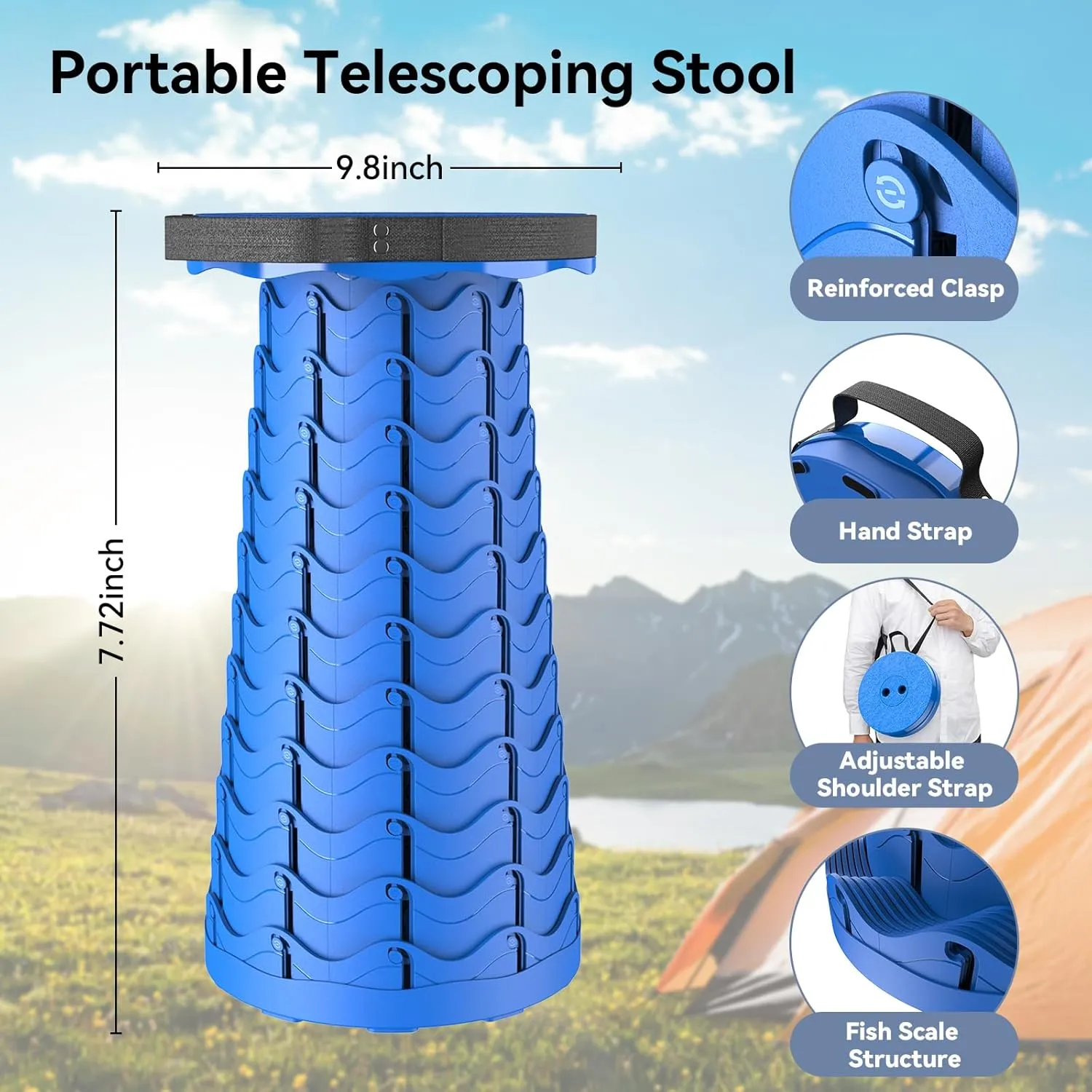 2025 Upgraded Collapsible Stool, Portable Folding Stool, Telescoping Camping Stool, Round Retractable Seat with Anti-Slip Bottom for Camping Gardening Fishing Hiking BBQ [Blue]