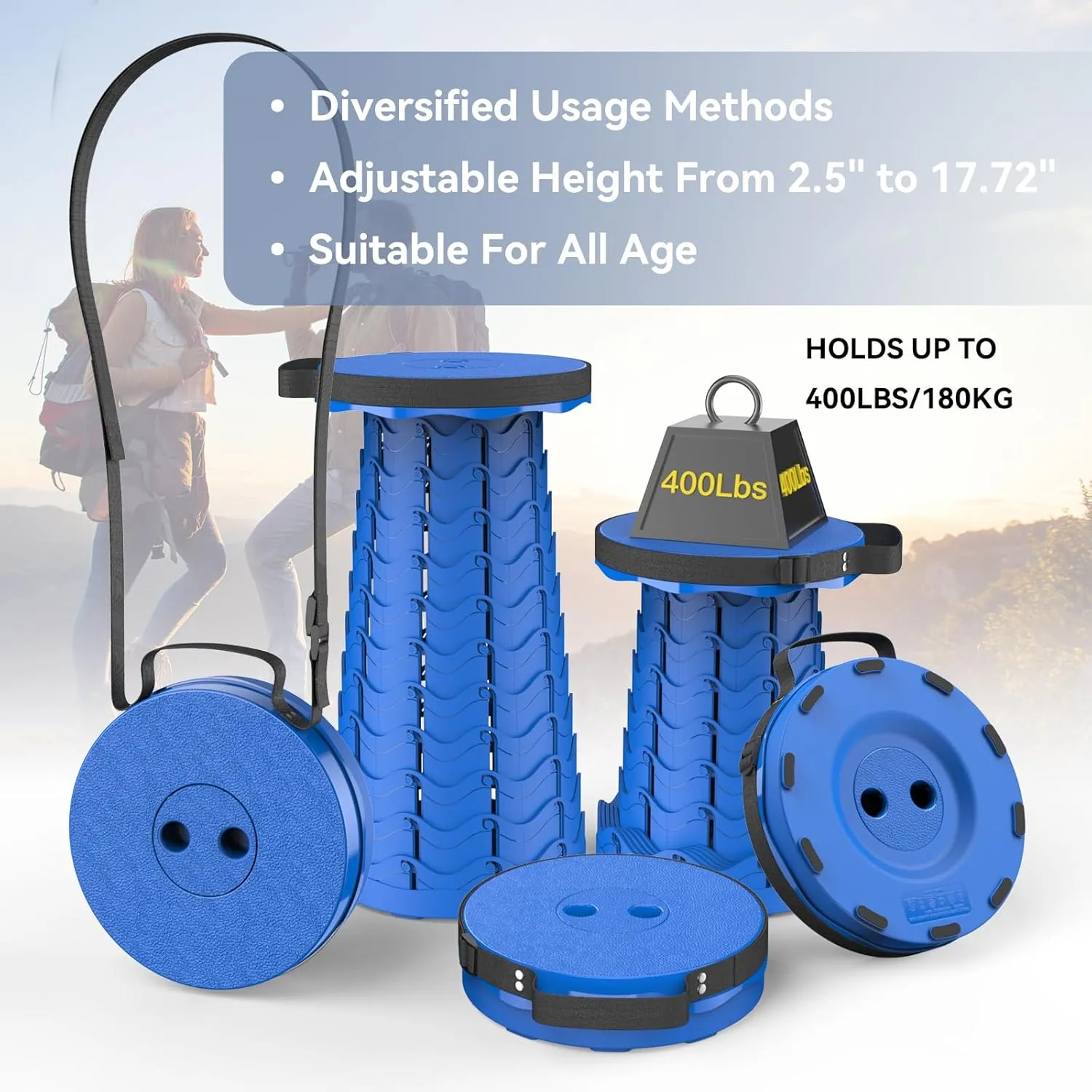 2025 Upgraded Collapsible Stool, Portable Folding Stool, Telescoping Camping Stool, Round Retractable Seat with Anti-Slip Bottom for Camping Gardening Fishing Hiking BBQ [Blue]