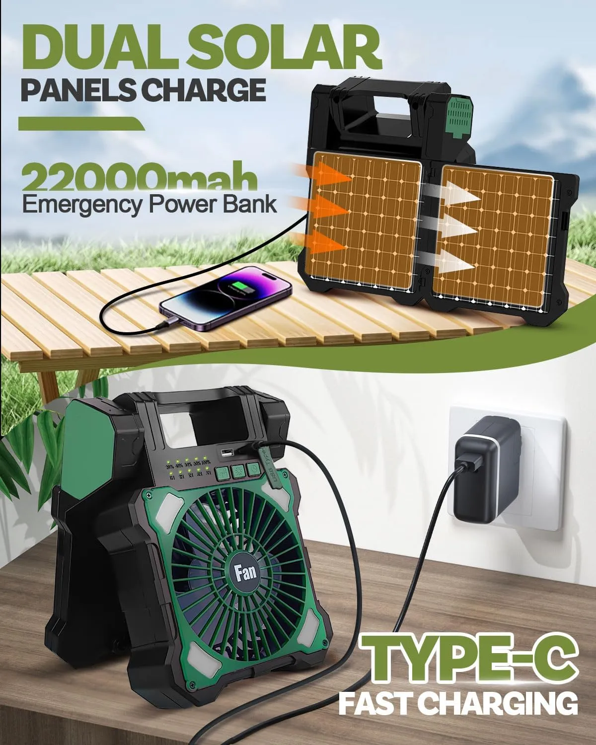 22000mAh Camping Solar Fan, Dual-Panel Rechargeable Solar Powered Fan with LED Light, 5 Adjustable Speeds Battery Powered Portable Fans, USB-C Fans for Travel Tent Home Camping Accessories