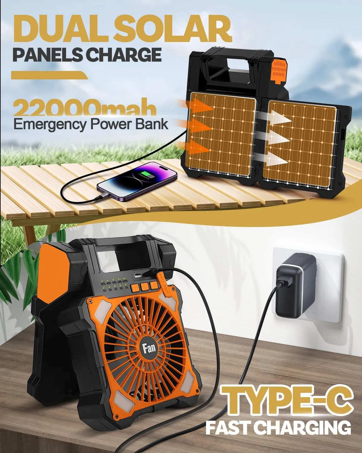 22000mAh Camping Solar Fan, Dual-Panel Rechargeable Solar Powered Fan with LED Light, 5 Adjustable Speeds Battery Powered Portable Fans, USB-C Fans for Travel Tent Home Camping Accessories