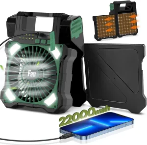 22000mAh Camping Solar Fan, Dual-Panel Rechargeable Solar Powered Fan with LED Light, 5 Adjustable Speeds Battery Powered Portable Fans, USB-C Fans for Travel Tent Home Camping Accessories