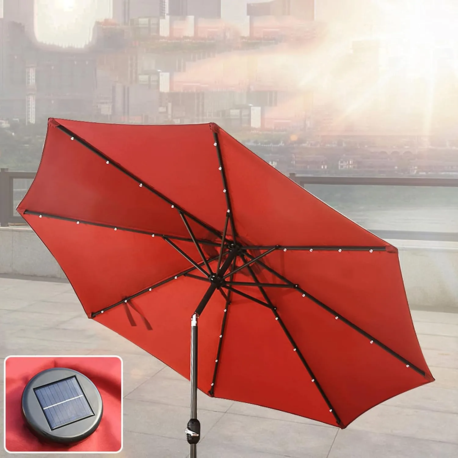2.7M Aluminum Parasol Umbrella, Garden Parasol With LED Solar Light, Tiltable Parasol, For Balcony, Courtyard, Beach