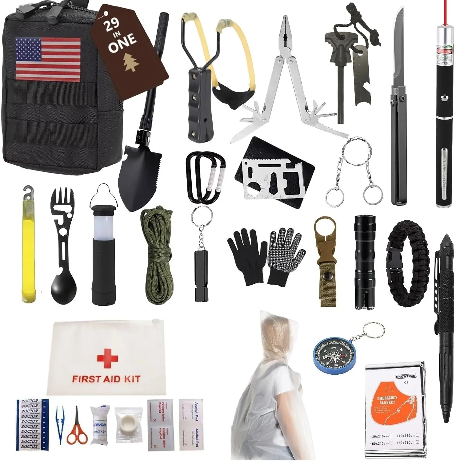 29-in-1 Outdoor Survival Gear Kit with Heavy-Duty Storage Bag, First Aid & Fire Starter – Emergency Tools for Camping Hiking, Gifts for Dad, Husband, Men Women（YSK02BK）