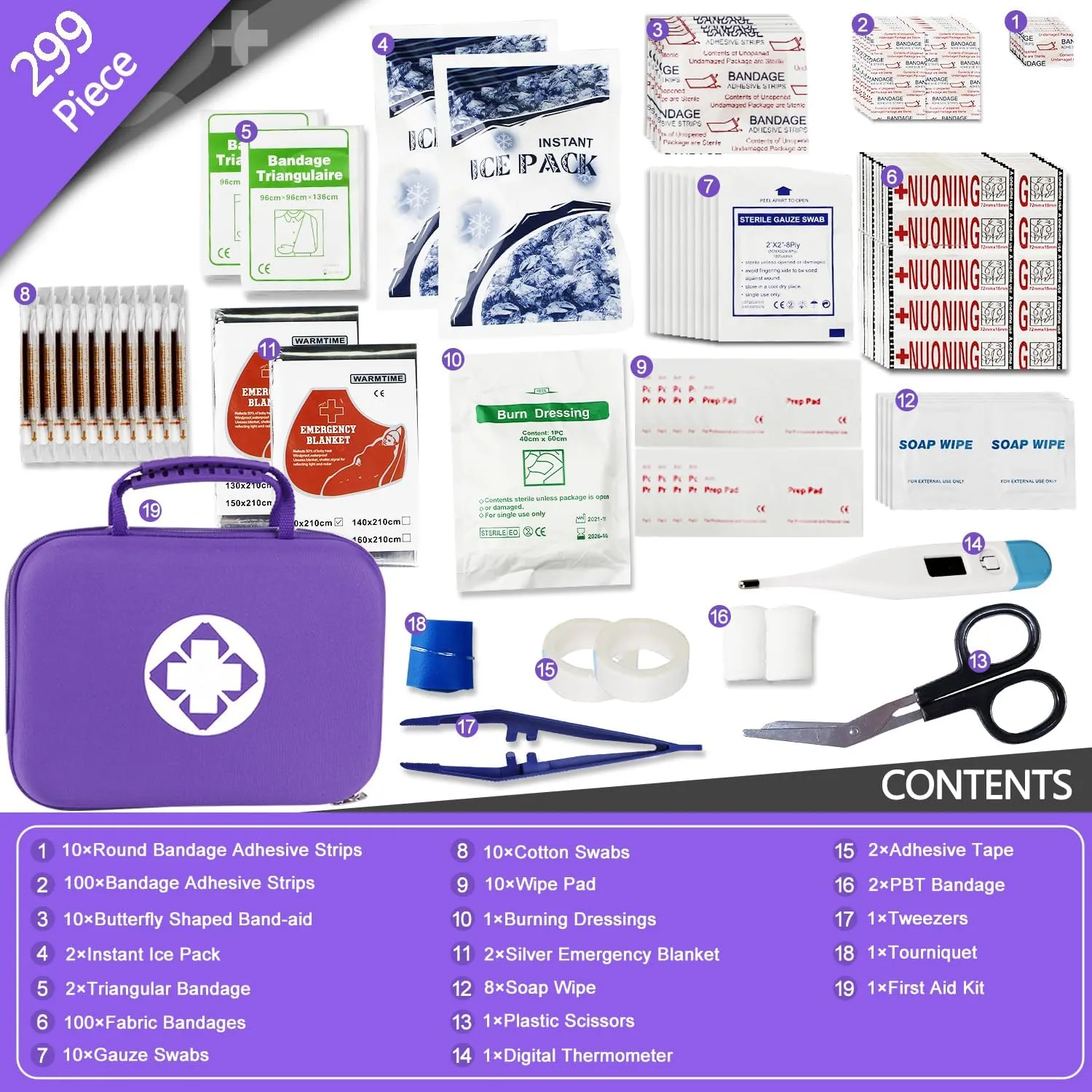299PCS First Aid Kit Portable Purple Camping Essentials Multiple Purpose Survival Kits Plus Case Emergency Set Outdoor Backpacking Gear Suitable for Hiking School Car Home YIDERBO