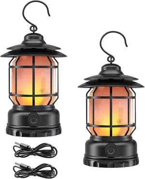 2PACK Rechargeable Camping Lantern, Flame Decorative Table Lamp, 2 Modes LED Light with Hook,Dimmable Vintage Style,Portable Waterproof Camping Light for Indoor/Outdoor Use (2)