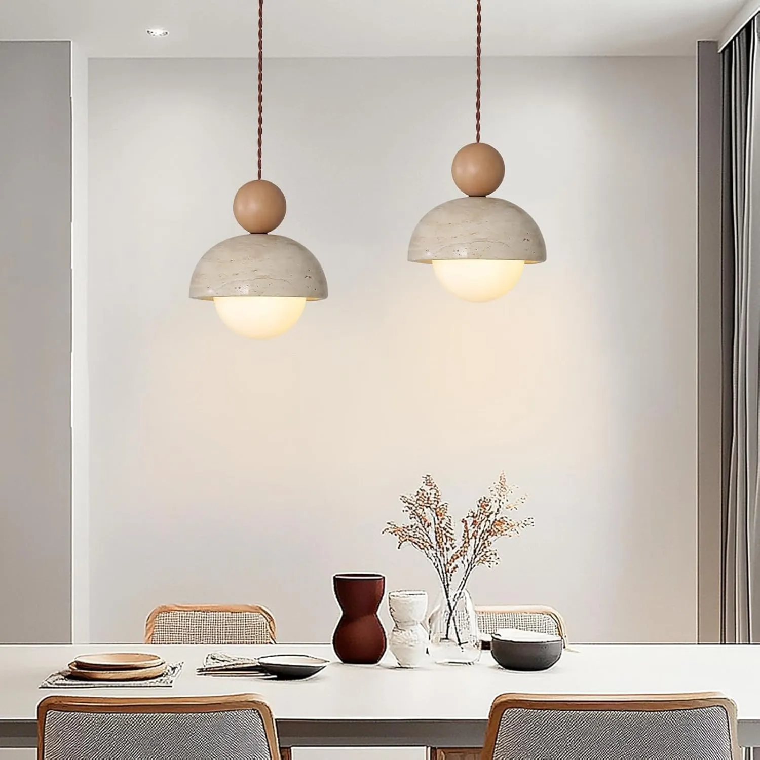 2PCS Japanese Wabi-Sabi Yellow Travertine Pendant Lamp Natural Stone Shade Pendant Light with Wood Hanging Light G9 Nordic Mini Pendant Lighting for Kitchen Island Dining Room