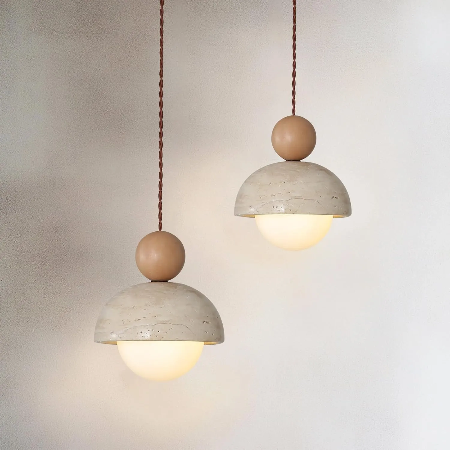 2PCS Japanese Wabi-Sabi Yellow Travertine Pendant Lamp Natural Stone Shade Pendant Light with Wood Hanging Light G9 Nordic Mini Pendant Lighting for Kitchen Island Dining Room