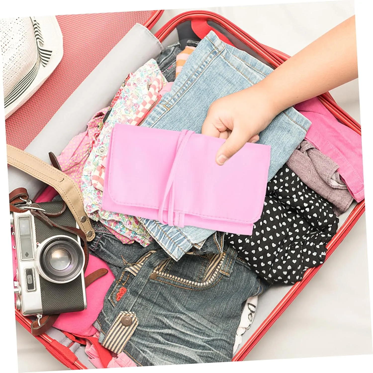 2pcs Rolling Makeup Storage Case Brush Holder Compact Travel Cosmetic Bag Belt Strap for Women