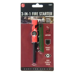 3-IN-1 Flint Fire Starter, Striker, Compass & Whistle 2" x 1/4"