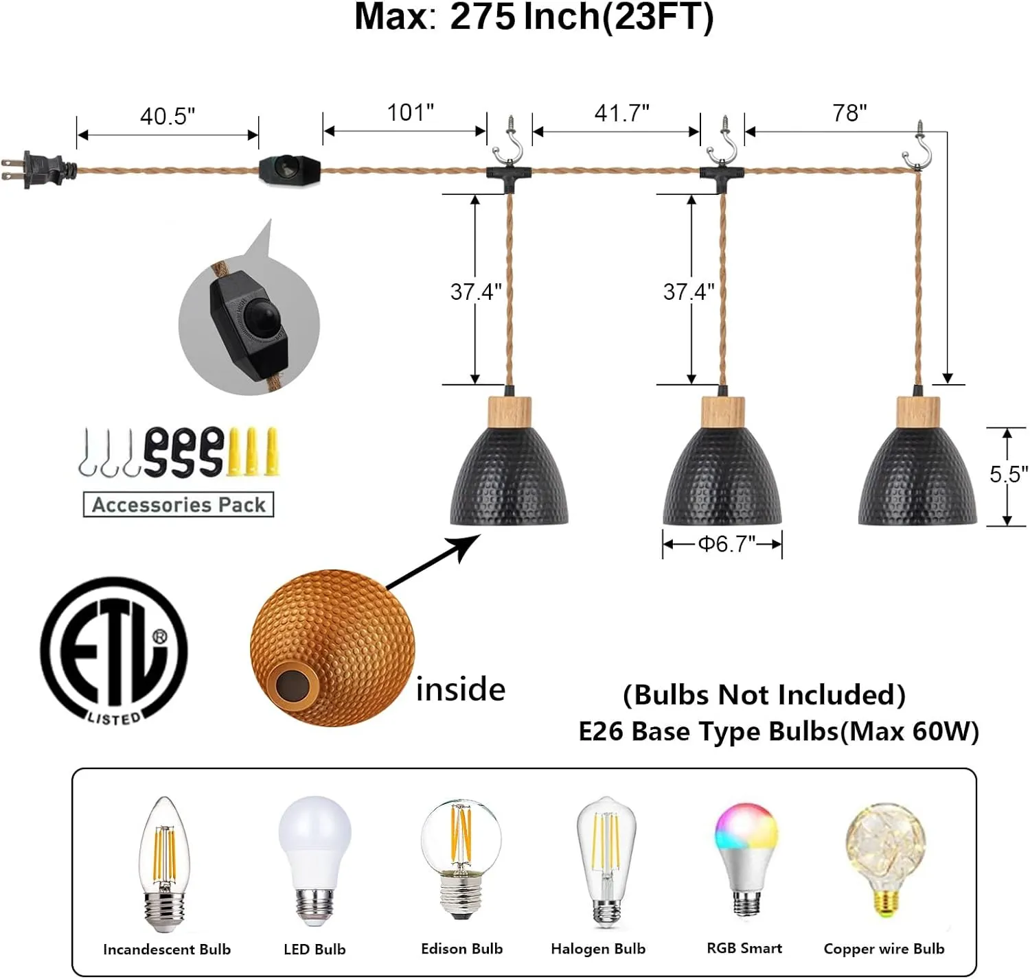 3-Light Plug in Pendant Light 22FT Industrial Hanging Lamp with Twisted Hemp Rope Independent Triple Switch Hanging Light Chandelier for Dining Room Kitchen, Black Finish
