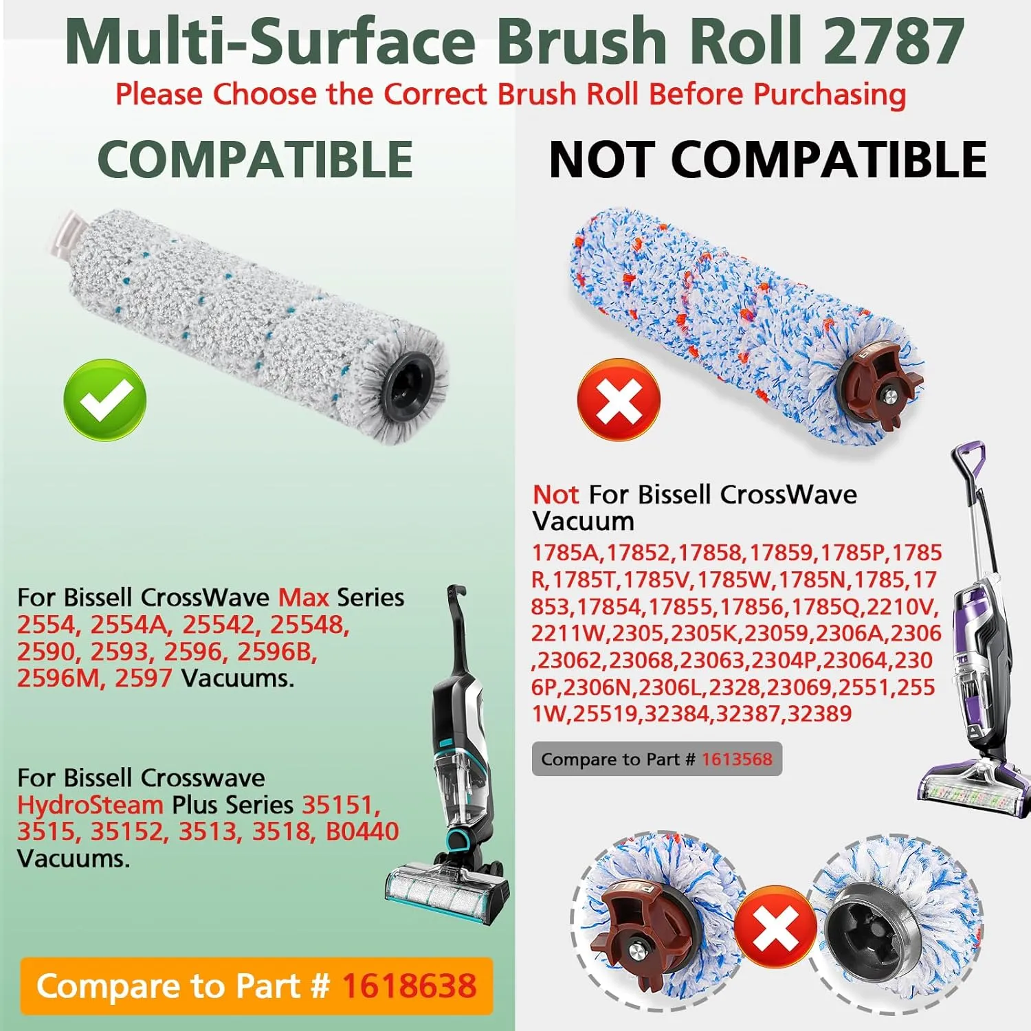 3 Pack Multi-Surface Brush Rolls 2787 and Vacuum Filters 1866 Compatible with Bissell CrossWave Max 2554 2554A 2590 2593 2596, HydroSteam Plus 35151 3515 35152 3513 3518 Vacuums, Part 1618638, 1608684