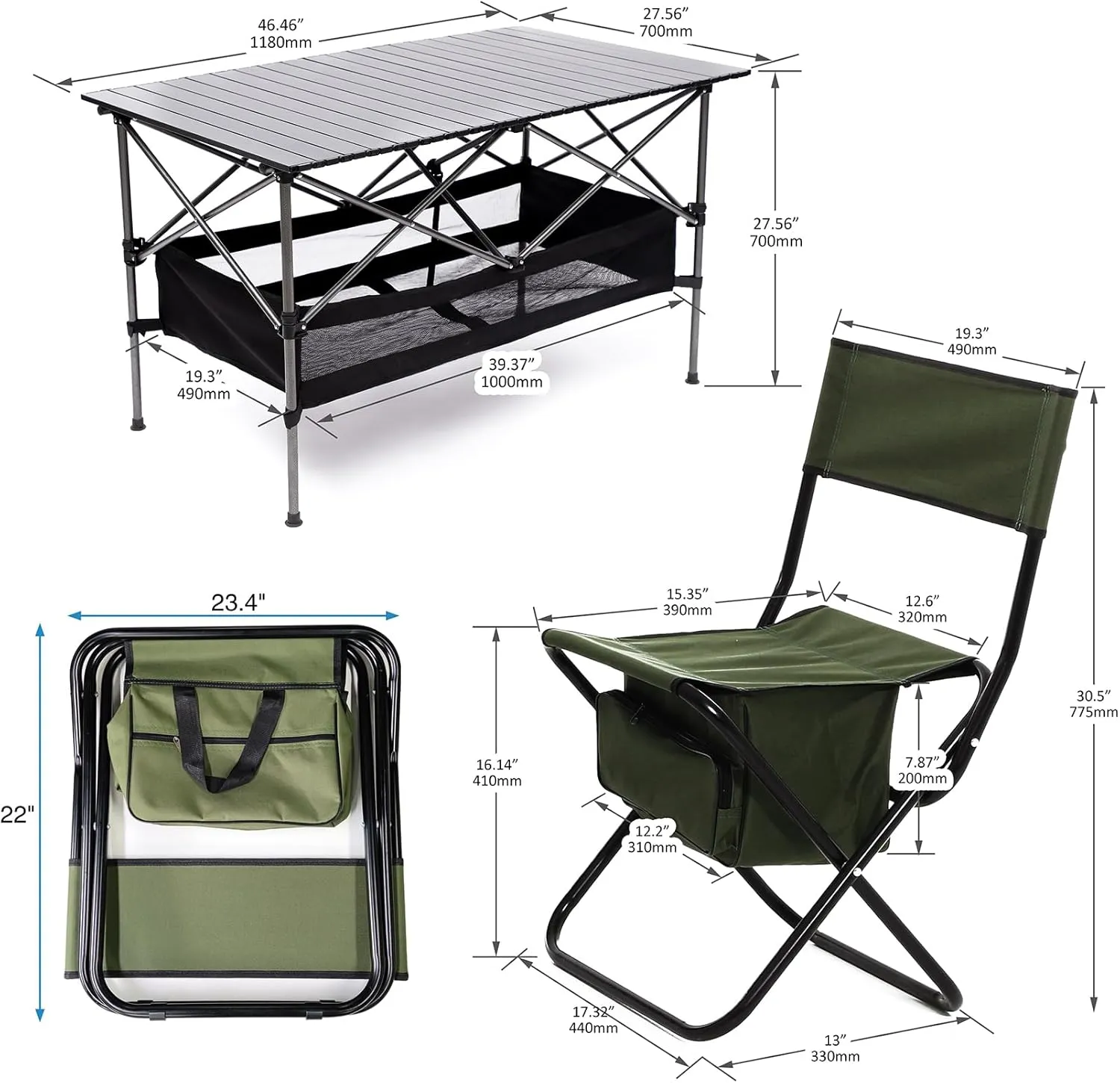 3-piece Outdoor Folding Camping Table and Two Camping Chairs, Lightweight Aluminum Roll-up Rectangular Folding Table for Indoor, Outdoor Camping, Picnics, Beach,Backyard, BBQ, Party, Patio, Green