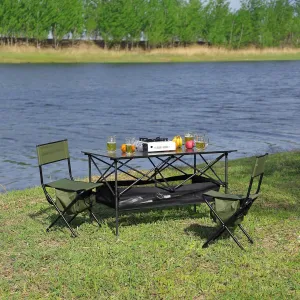 3-piece Outdoor Folding Camping Table and Two Camping Chairs, Lightweight Aluminum Roll-up Rectangular Folding Table for Indoor, Outdoor Camping, Picnics, Beach,Backyard, BBQ, Party, Patio, Green