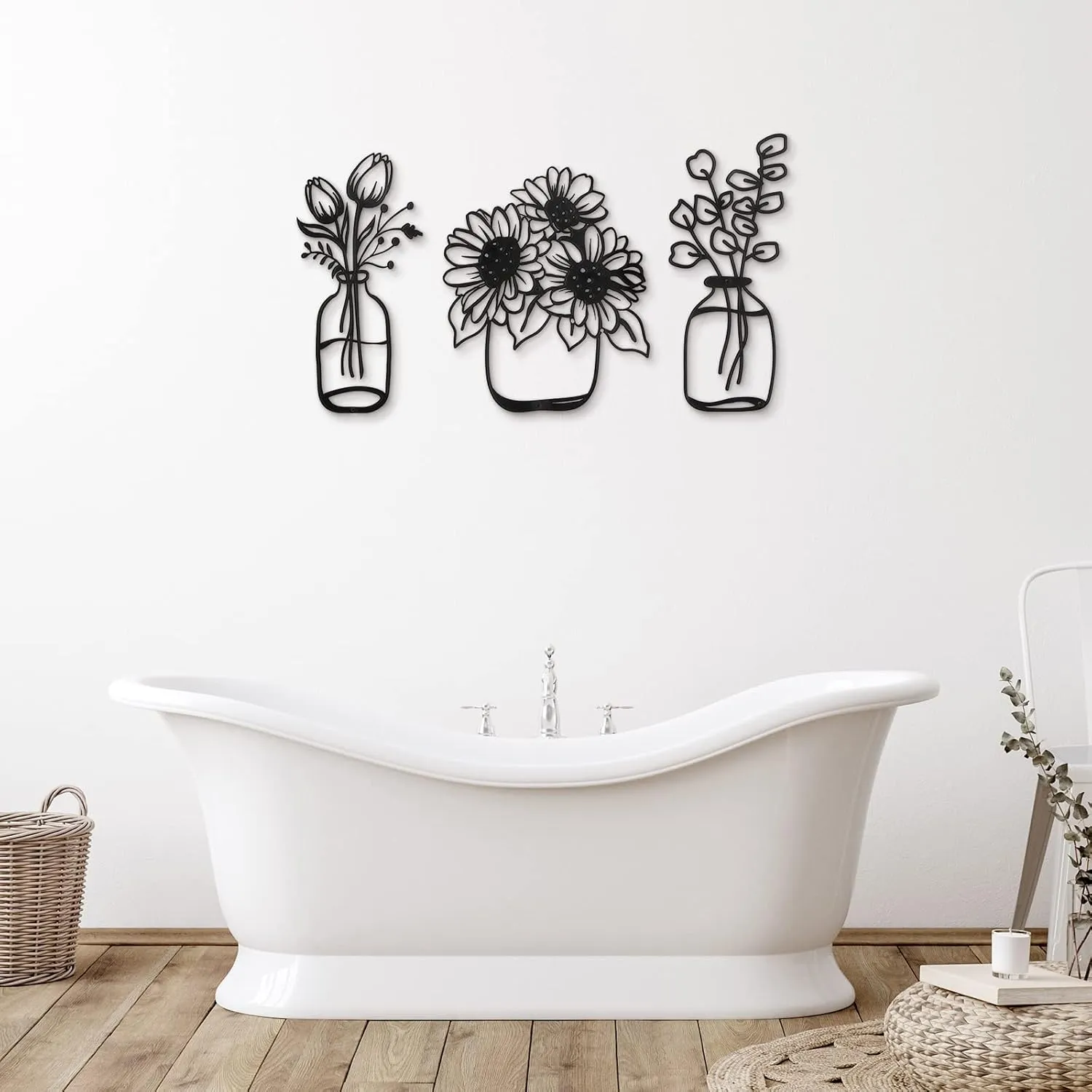 3 Pieces Metal Flower Wall Decor Minimalist Vase Wall Art Black Tulip Wire Iron Decor Floral Art Sculpture for Kitchen Bathroom Living Room(5.6/6/9.9 Inches,Delicate Style)