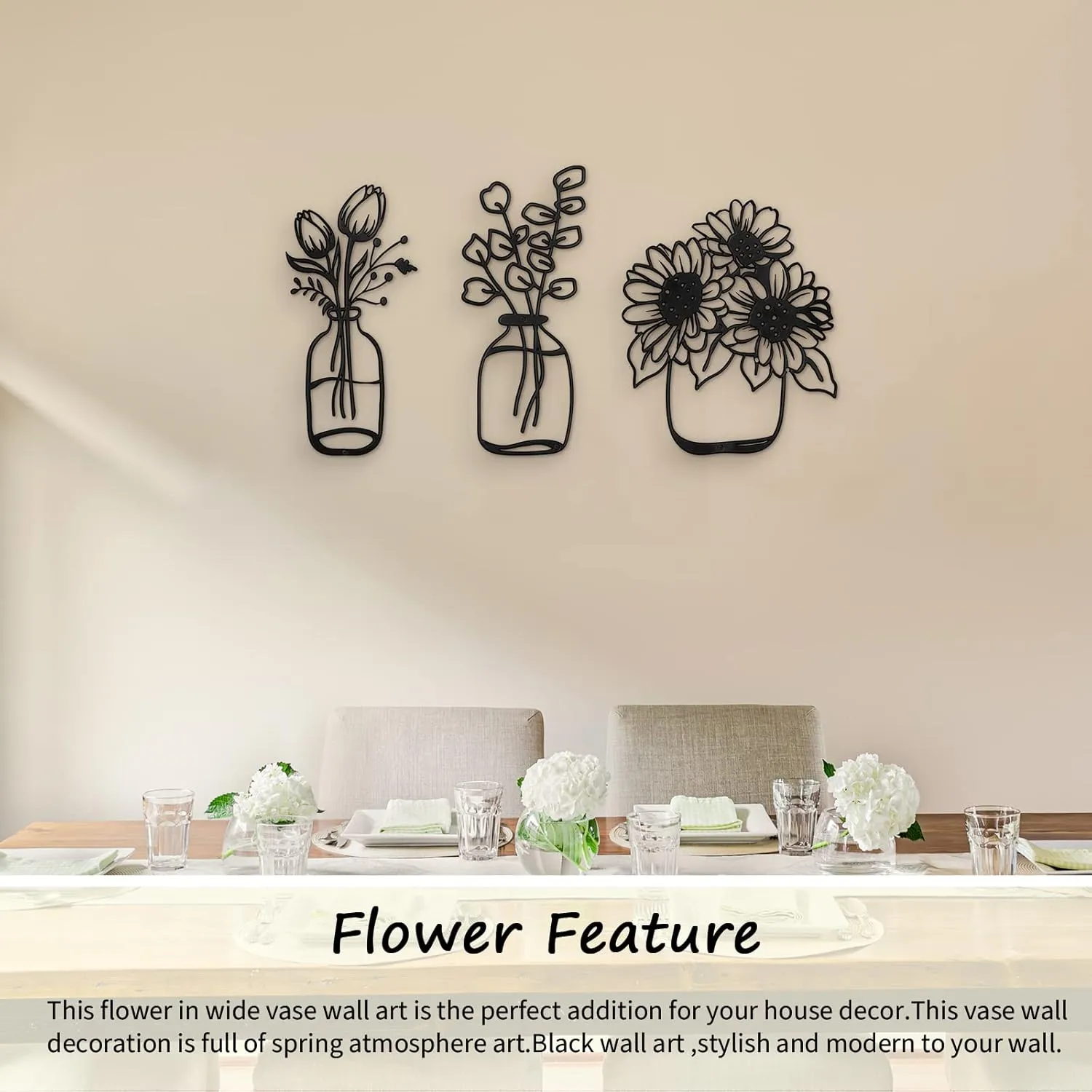 3 Pieces Metal Flower Wall Decor Minimalist Vase Wall Art Black Tulip Wire Iron Decor Floral Art Sculpture for Kitchen Bathroom Living Room(5.6/6/9.9 Inches,Delicate Style)