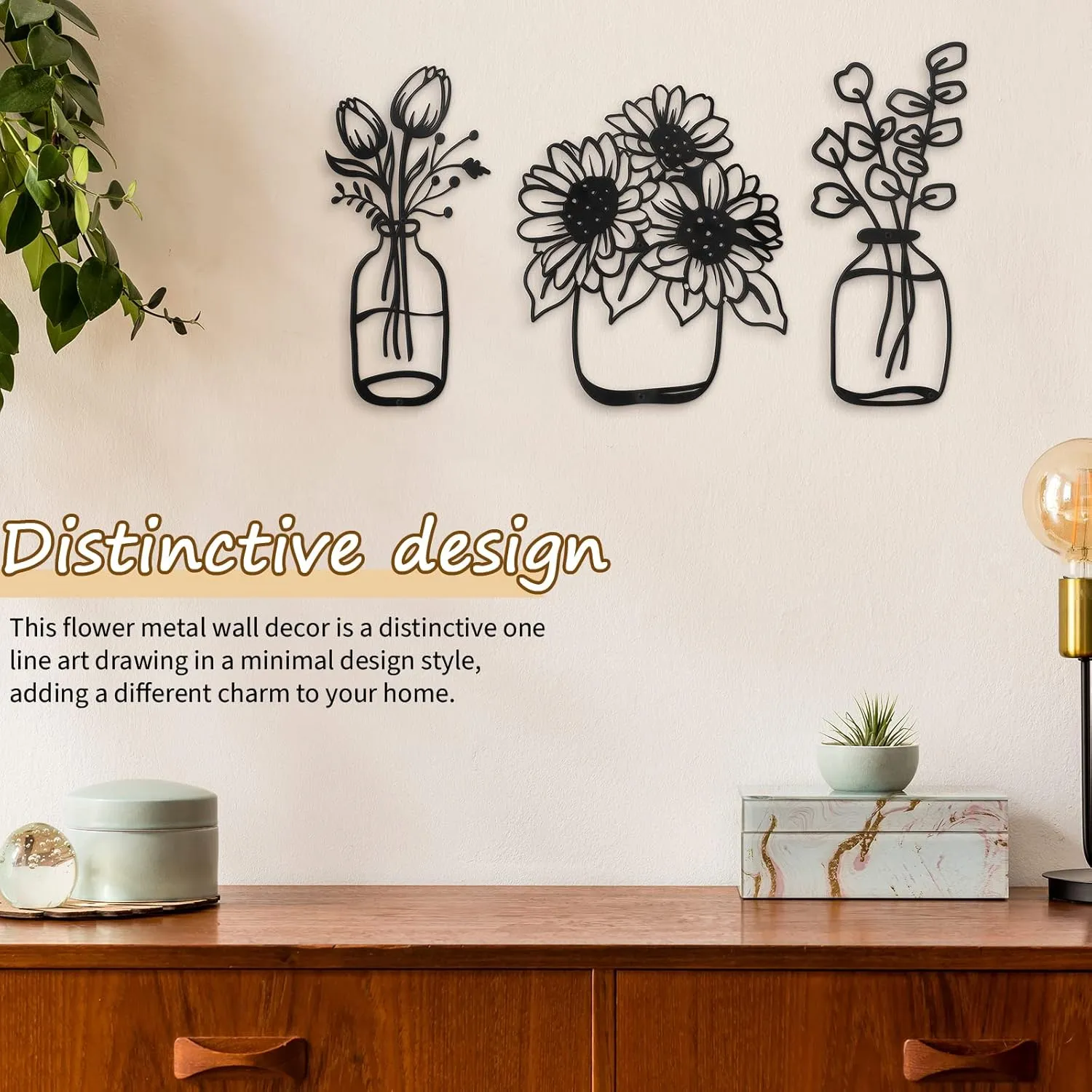 3 Pieces Metal Flower Wall Decor Minimalist Vase Wall Art Black Tulip Wire Iron Decor Floral Art Sculpture for Kitchen Bathroom Living Room(5.6/6/9.9 Inches,Delicate Style)