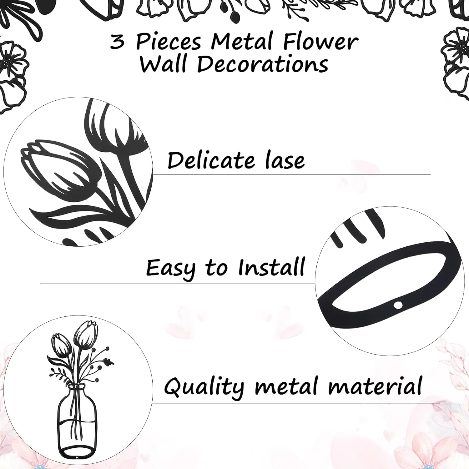 3 Pieces Metal Flower Wall Decor Minimalist Vase Wall Art Black Tulip Wire Iron Decor Floral Art Sculpture for Kitchen Bathroom Living Room(5.6/6/9.9 Inches,Delicate Style)