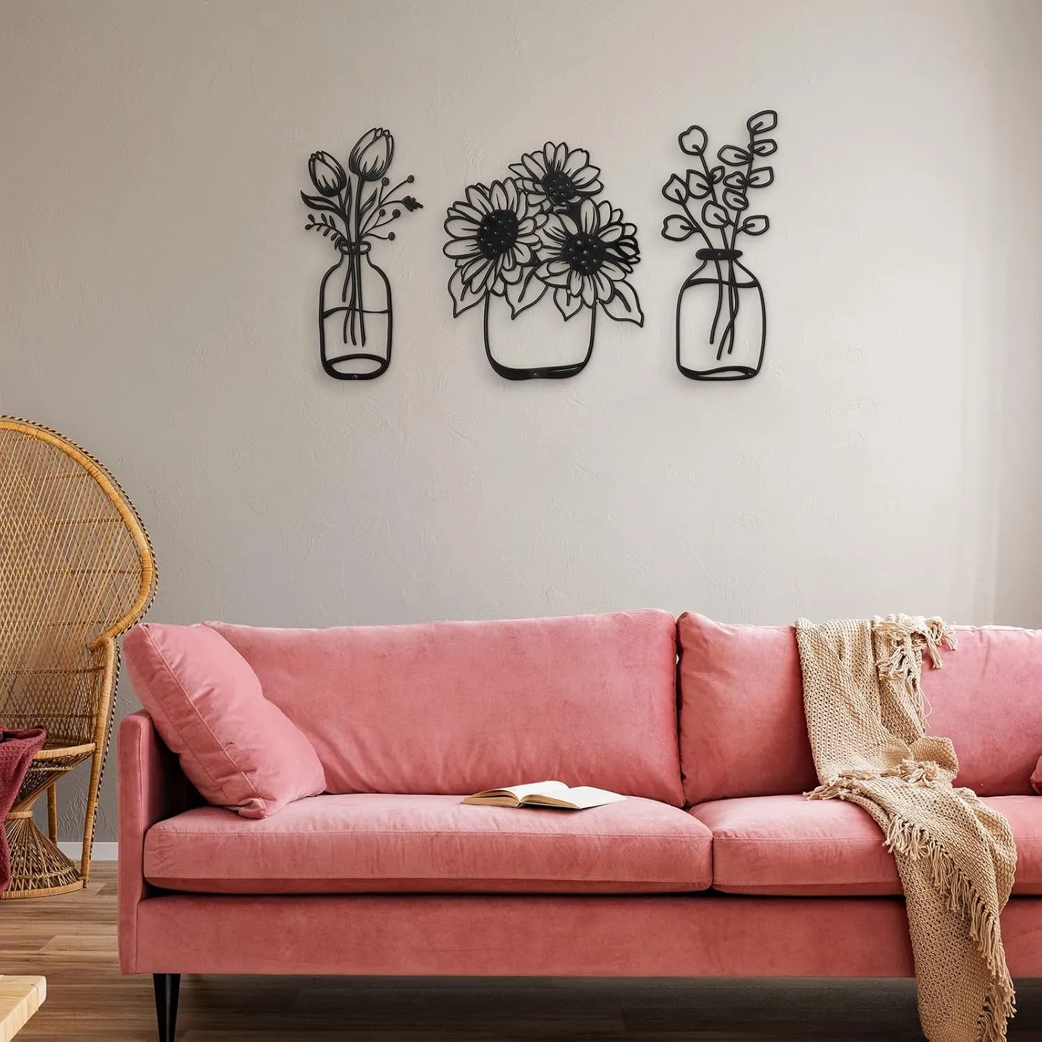 3 Pieces Metal Flower Wall Decor Minimalist Vase Wall Art Black Tulip Wire Iron Decor Floral Art Sculpture for Kitchen Bathroom Living Room(5.6/6/9.9 Inches,Delicate Style)